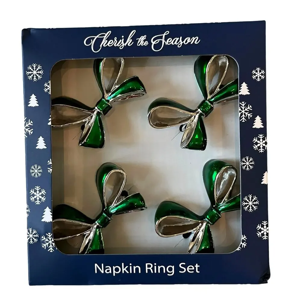 Green Bow Christmas Napkin Rings Set of 4 Silver Holiday Glam Cherish the Season